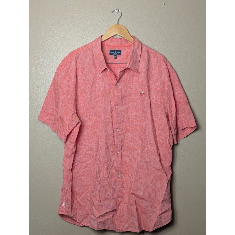 Psycho Bunny Linen Button Down Shirt Mens XXXL Pink Short Sleeve Summer